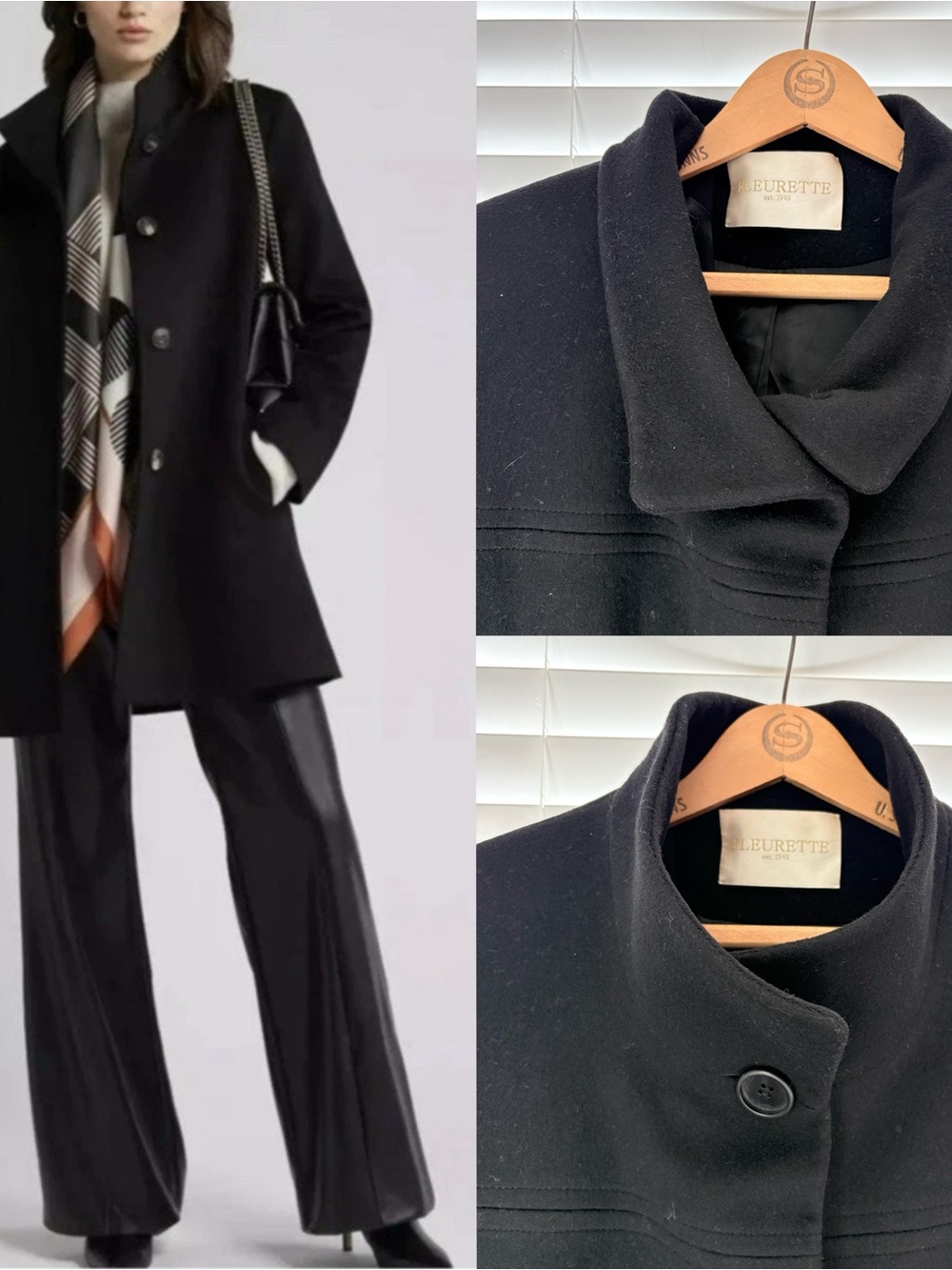Fleurette Loro Piana 100% Wool Womens Mid Length Pea Coat Black Size 14 USA Made